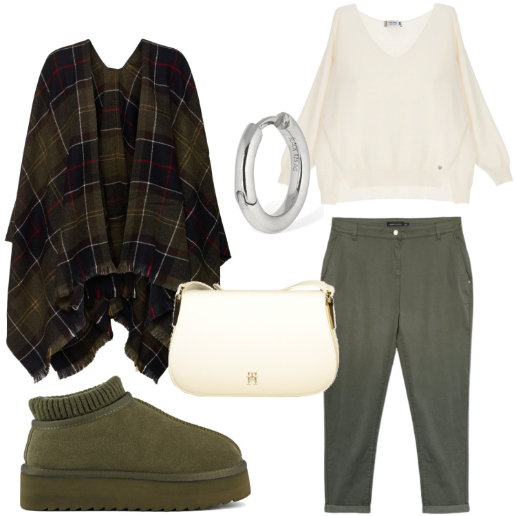 Outfit donna - La mantella military. Stile Casual per Scuola/Università. Abbinamento con maglieria, sabot, cappe, pantaloni, orecchini, borse a tracolla.