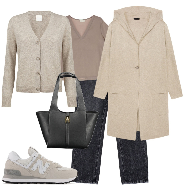 Outfit donna - City. Stile Casual chic per Tutti i giorni. Abbinamento con sneakers, jeans, t-shirt, cardigans, cardigans, borse a spalla.