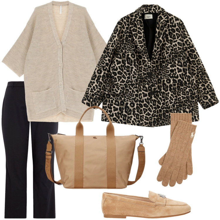Outfit donna - Chic con l\'animalier. Stile Urban per Ufficio. Abbinamento con cardigans, blazer, mocassini, pantaloni, guanti, borse tote.