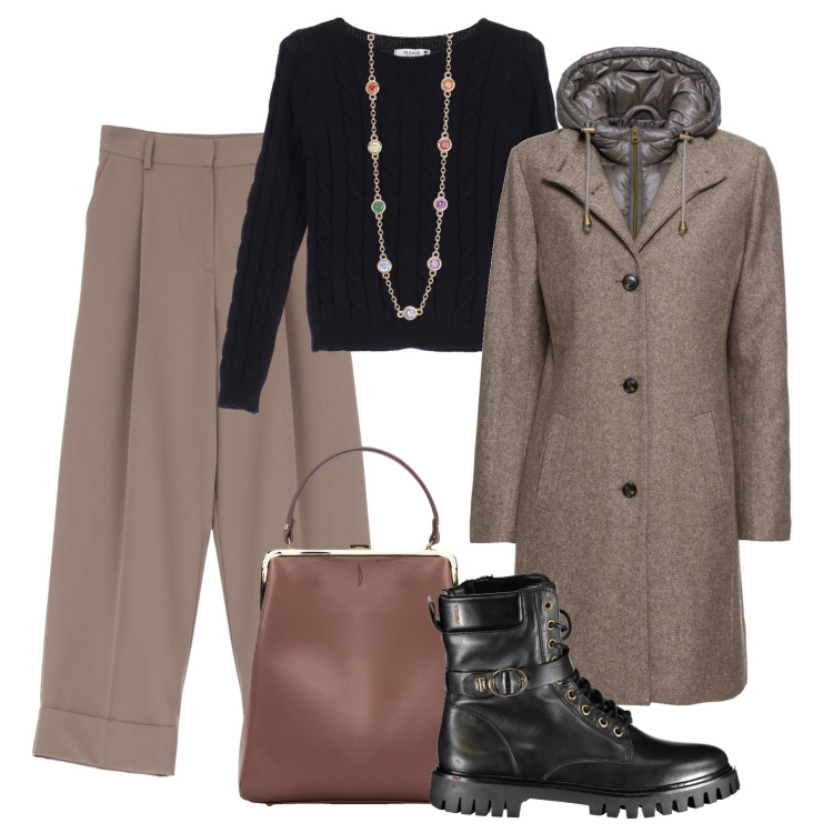 Outfit donna - Il cappotto corto 2 in 1 !. Stile Trendy per Tutti i giorni. Abbinamento con cappotti, collane, pullovers, pantaloni, borse a spalla, stivali.