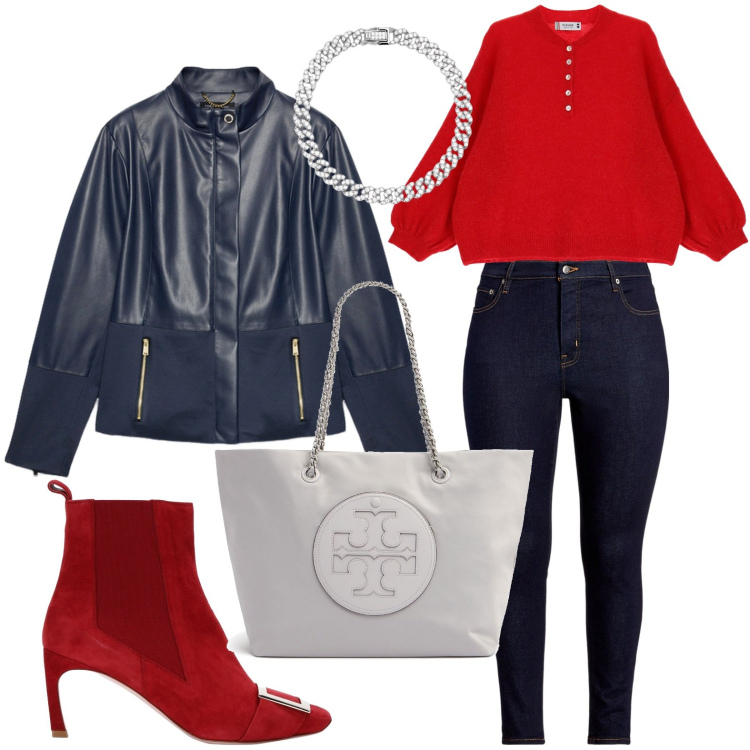 Outfit donna - Look sempre attuale. Stile Casual chic per Ufficio. Abbinamento con stivaletti, braccialetti, maglieria, jeans skinny, blazer, shopping bag.