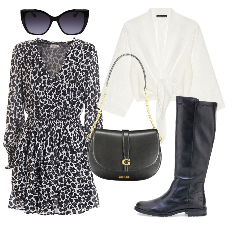 Outfit donna - Black&White. Stile Casual chic per Tutti i giorni. Abbinamento con vestiti, stivali sopra il ginocchio, blazer, borse a spalla, occhiali da sole.