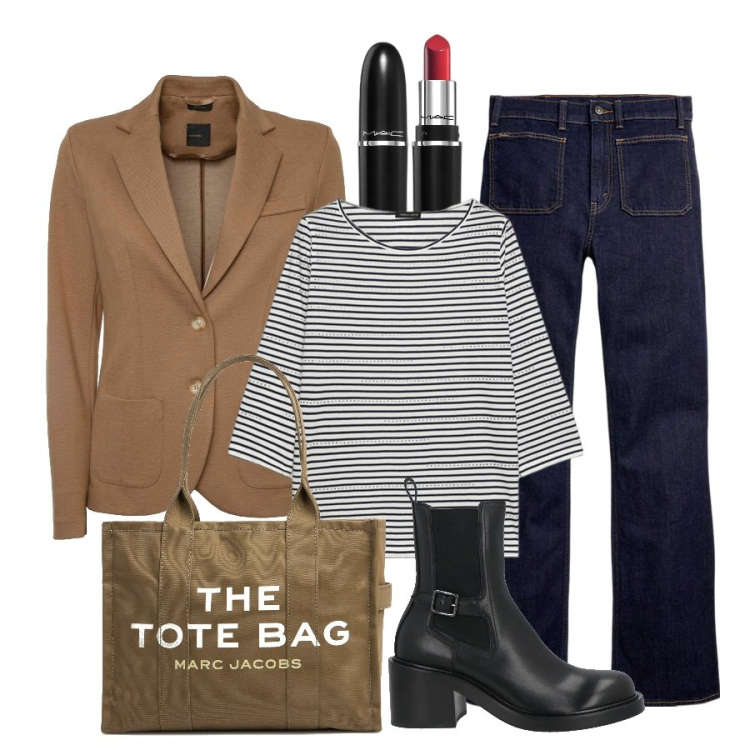 Outfit donna - Autumn #1. Stile Basic per Tutti i giorni. Abbinamento con stivaletti chelsea, rossetti, jeans bootcut, blazer, borse tote, t-shirt.