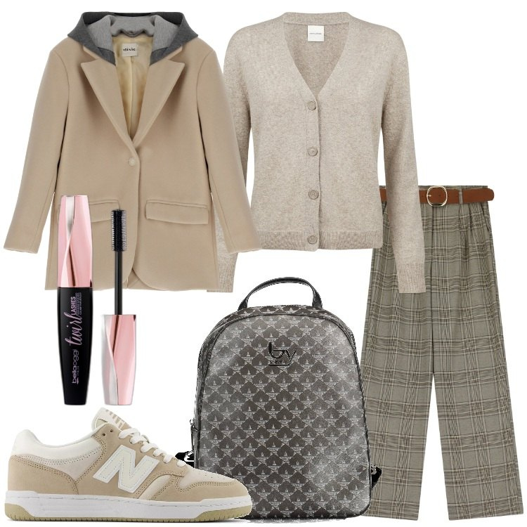 Outfit donna - Cappotto bicolore con cappuccio. Stile Casual chic per Scuola/Università. Abbinamento con mascara, sneakers, cappotti, pantaloni, cardigans, zaini.
