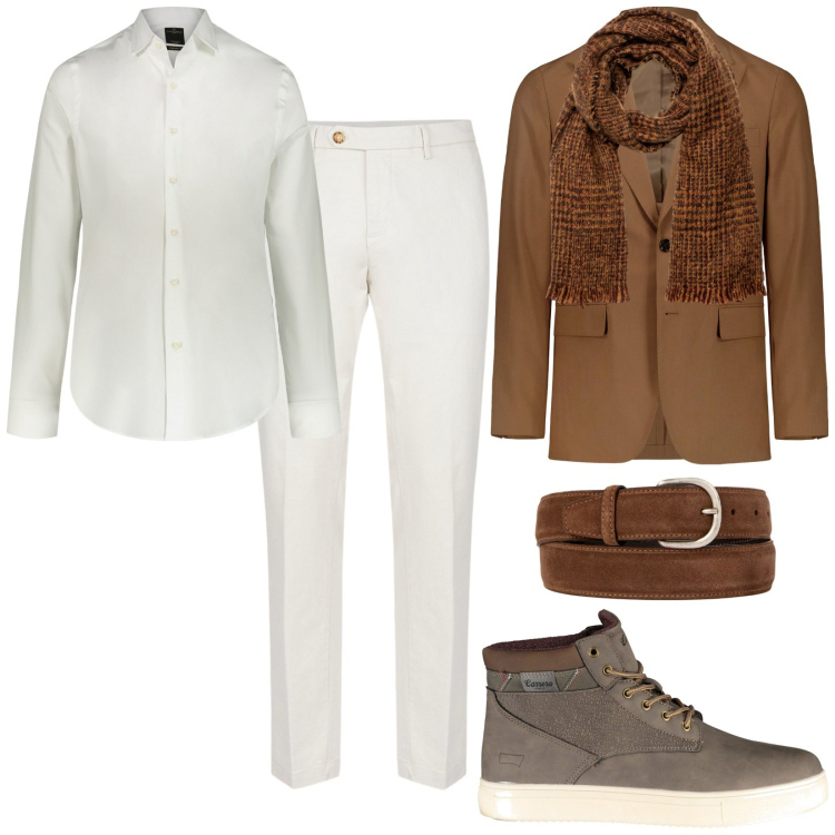 Outfit uomo - Total look #1979465. Stile Casual per Tutti i giorni. Abbinamento con camicie, cinture, abiti, sciarpe, pantaloni chino, stivali.