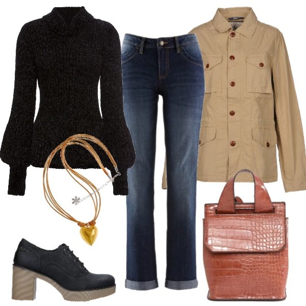 Outfit donna - Lo zaino stampa cocco. Stile Basic per Tutti i giorni. Abbinamento con jeans dritti, pullover collo alto in ciniglia, scarpe col tacco stringate con tacco squadrato e punta tonda in pelle sintetica tinta unita, giubbotto collo classico a maniche lunghe con zip interno sfoderato in cotone tinta unita, zaino con manico e zip con tasca interna, collana in argento 925.
