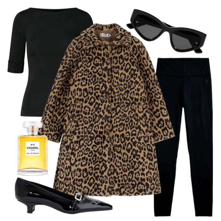 Outfit donna - Black Leo. Stile Chic per Serata fuori. Abbinamento con profumi, cappotti, ballerine, t-shirt, leggings, occhiali da sole.