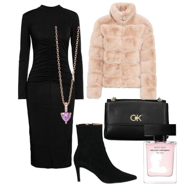 Outfit donna - Ecopelliccia rosa. Stile Chic per Serata fuori. Abbinamento con ecopellicce, vestiti midi/longuette, stivaletti, profumi, ciondoli, borse a spalla.
