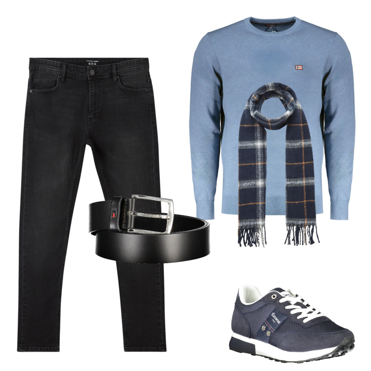 Outfit uomo - Casual classico. Stile Casual per Tutti i giorni. Abbinamento con jeans skinny, sciarpe, maglieria, sneakers, cinture.