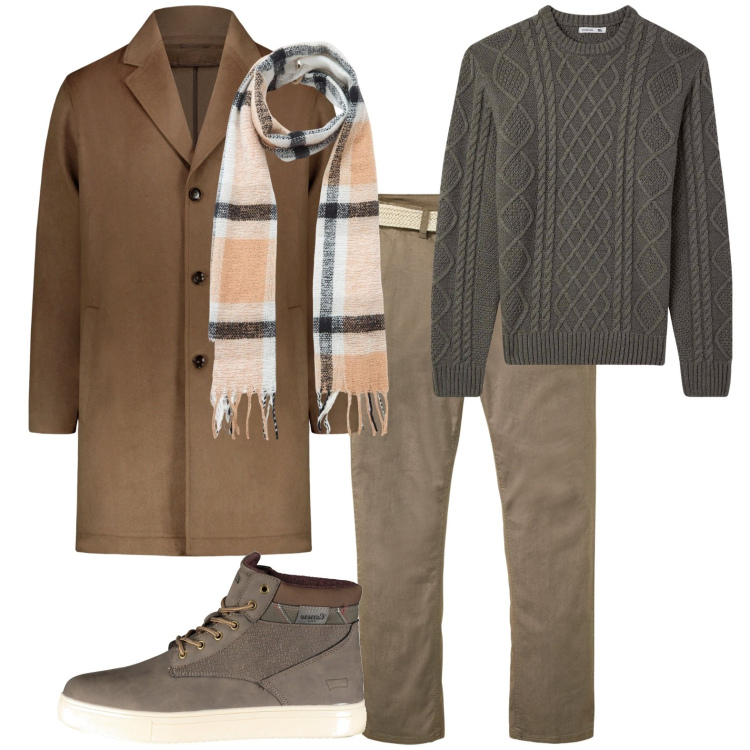 Outfit uomo - Total look #1979515. Stile Casual per Ufficio. Abbinamento con pantaloni chino, sciarpe, maglieria, cappotti, stivali.