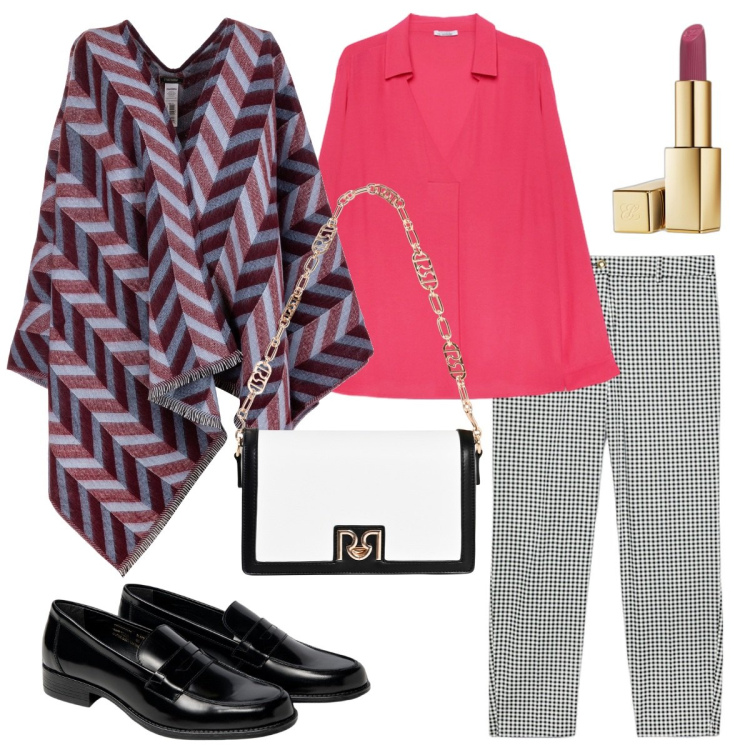 Outfit donna - La mantella. Stile Casual per Tutti i giorni. Abbinamento con rossetti, borse a tracolla, cappe, bluse, mocassini, pantaloni skinny.