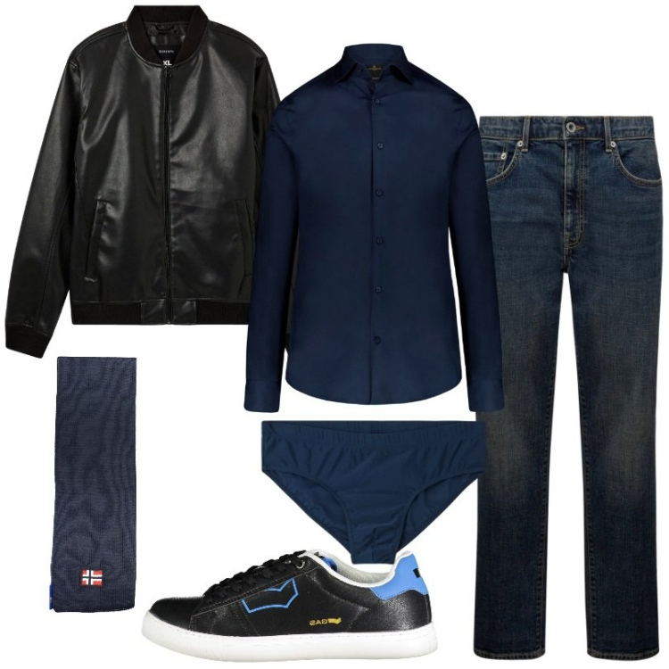 Outfit uomo - Total look #1979540. Stile Casual per Serata speciale. Abbinamento con slip, bomber, camicie, sneakers, jeans, sciarpe.
