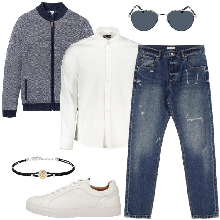Outfit uomo - Pranzo fuori. Stile Casual per Tutti i giorni. Abbinamento con cardigans, sneakers, braccialetti, jeans dritti, occhiali da sole, camicie.