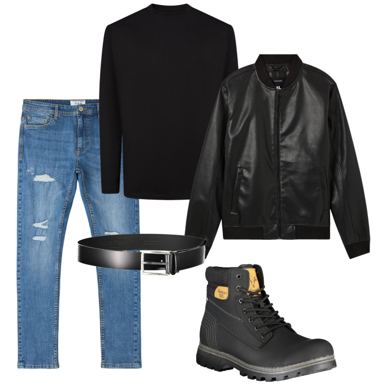 Outfit uomo - Con gli anfibi. Stile Trendy per Tutti i giorni. Abbinamento con bomber, jeans strappati, stivali, t-shirt, cinture.