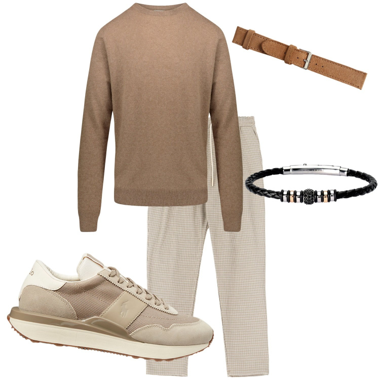 Outfit uomo - Toni caldi. Stile Casual per Ufficio. Abbinamento con braccialetti, pantaloni, orologi, sneakers, maglieria.