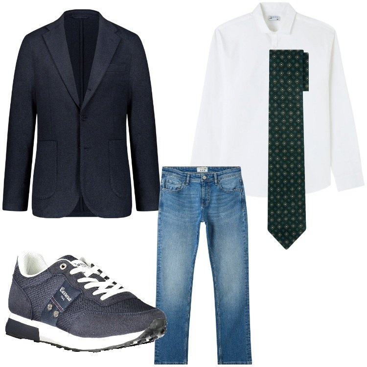 Outfit uomo - Jeans e cravatta. Stile Business/Elegante per Ufficio. Abbinamento con jeans, camicie, cravatte, sneakers, giacche.