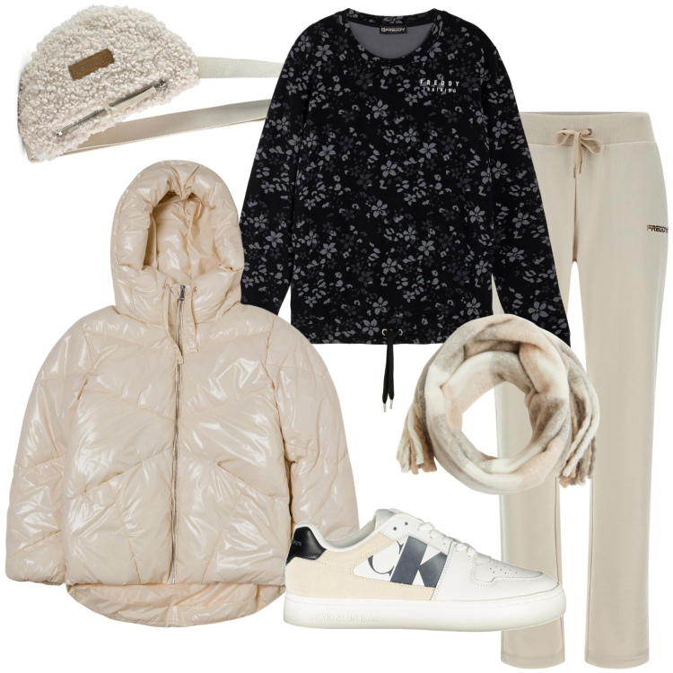Outfit donna - Total look #1979575. Stile Casual per Tutti i giorni. Abbinamento con blazer, sciarpe, pantaloni, felpe, marsupi, sneakers.