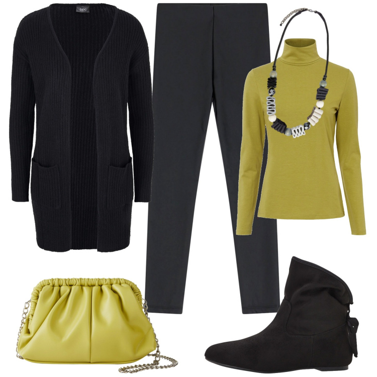 Outfit donna - Al lavoro. Stile Basic per Ufficio. Abbinamento con maglieria, stivaletti, cardigans, borse a tracolla, pantaloni skinny, collane.
