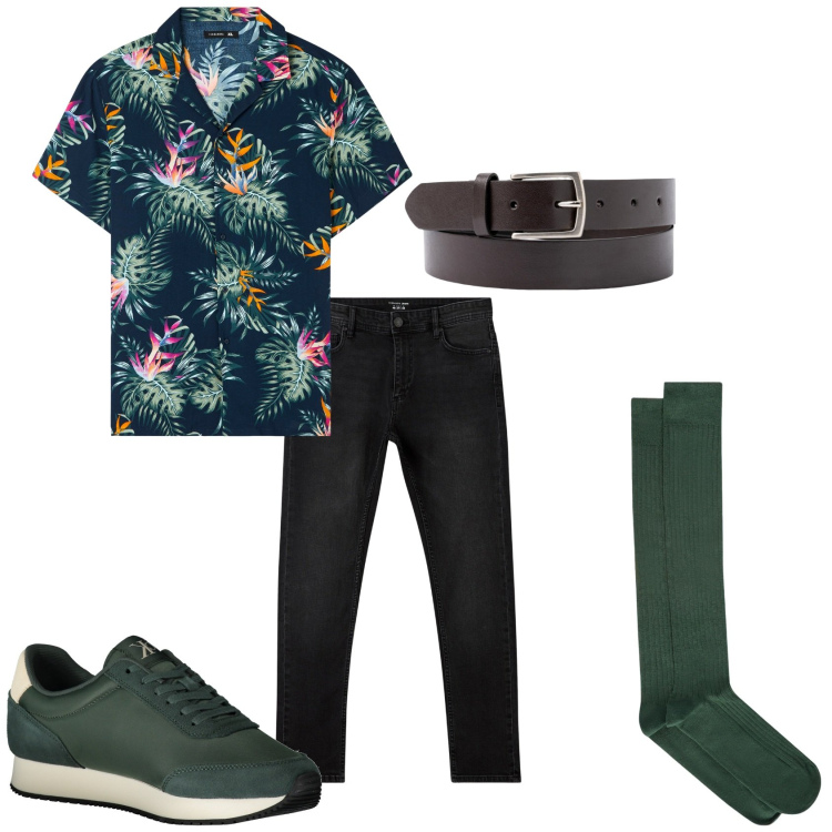 Outfit uomo - La sera estiva. Stile Casual per Tutti i giorni. Abbinamento con camicie a manica corta, jeans skinny, cinture, calzini, sneakers.