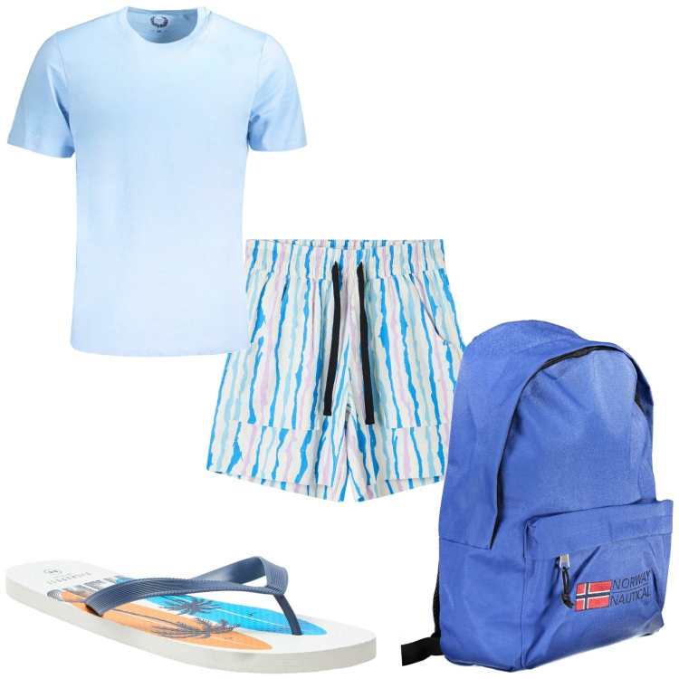 Outfit uomo - La prossima stagione. Stile Casual per Tutti i giorni. Abbinamento con sandali, bermuda, borse sportive, t-shirt.