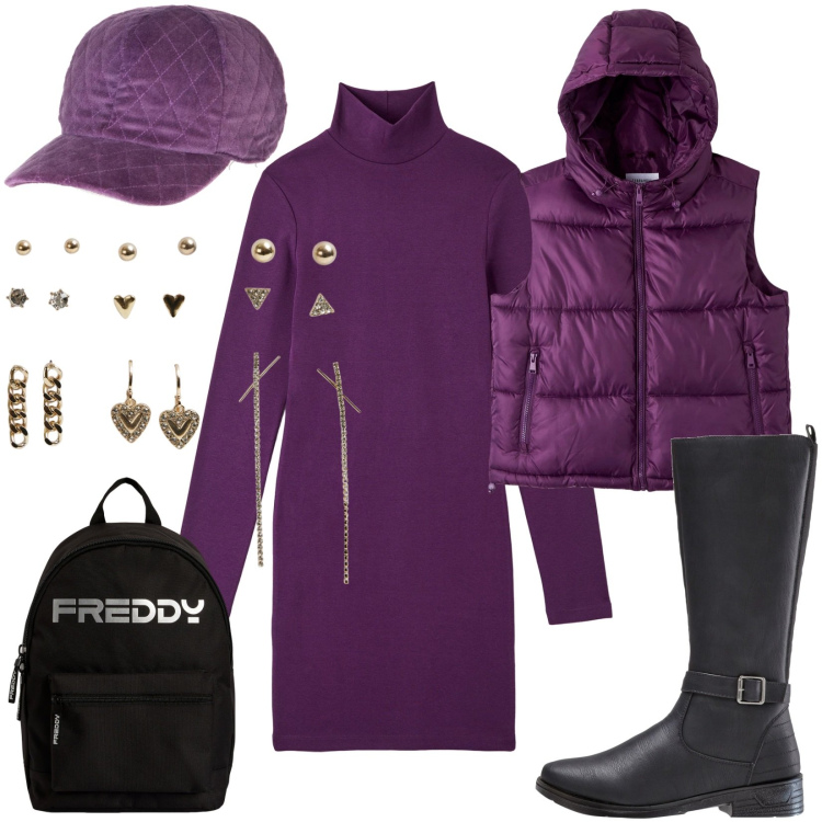 Outfit donna - Total look #1979614. Stile Trendy per Tutti i giorni. Abbinamento con stivali, vestiti midi/longuette, orecchini, piumini, zaini, cappelli con visiera.