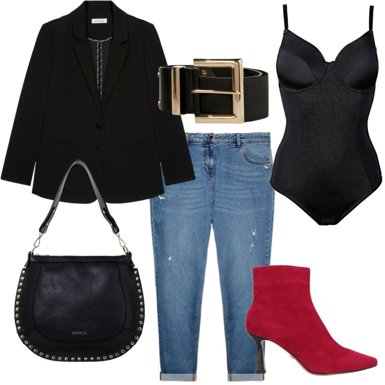 Outfit donna - Esco con le borchie. Stile Glamour per Serata fuori. Abbinamento con body, stivaletti, borse a spalla, blazer, jeans strappati, cinture.