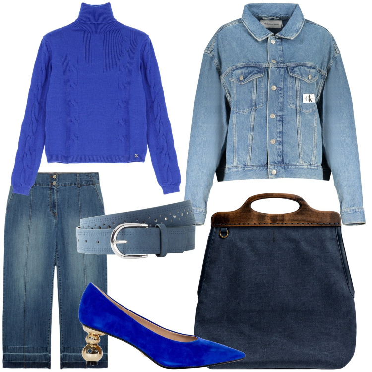 Outfit donna - Concentrato di denim. Stile Glamour per Tutti i giorni. Abbinamento con cinture, maglieria, décolleté, borse a tracolla, jeans, blazer.