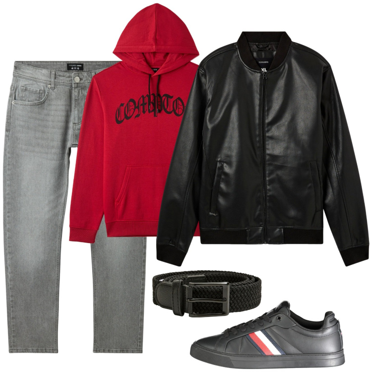 Outfit uomo - Il bomber in ecopelle. Stile Casual per Tutti i giorni. Abbinamento con bomber, jeans, felpe con cappuccio, cinture, sneakers.