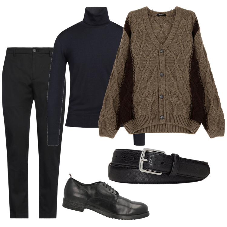 Outfit uomo - Il cardigan moka. Stile Casual per Tutti i giorni. Abbinamento con pantaloni chino, maglieria, scarpe stringate, cardigans, cinture.