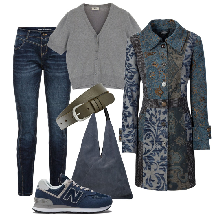 Outfit donna - Soprabito jacquard e sneakers. Stile Trendy per Tutti i giorni. Abbinamento con cappotti, jeans boyfriend, cinture, sneakers, maglieria, borse a spalla.