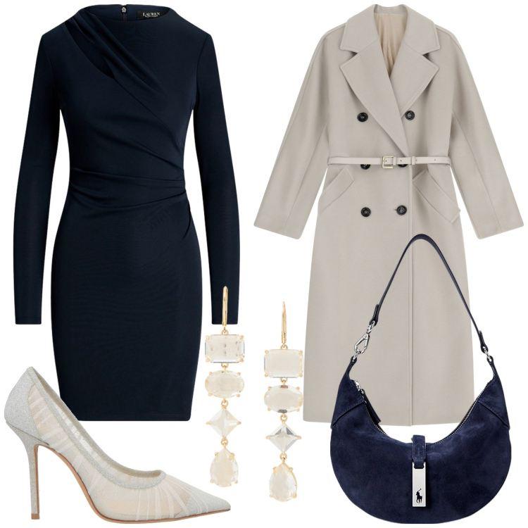 Outfit donna - Total look #1979654. Stile Chic per Serata fuori. Abbinamento con décolleté, cappotti, borse a spalla, vestiti, orecchini.