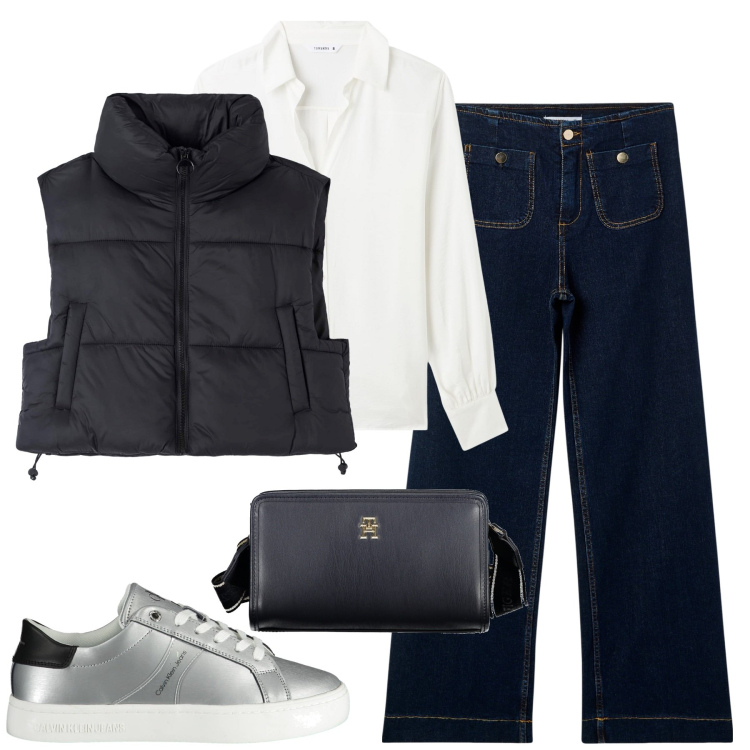 Outfit donna - City. Stile Urban per Tutti i giorni. Abbinamento con piumini, jeans, camicie, sneakers, borse a tracolla.