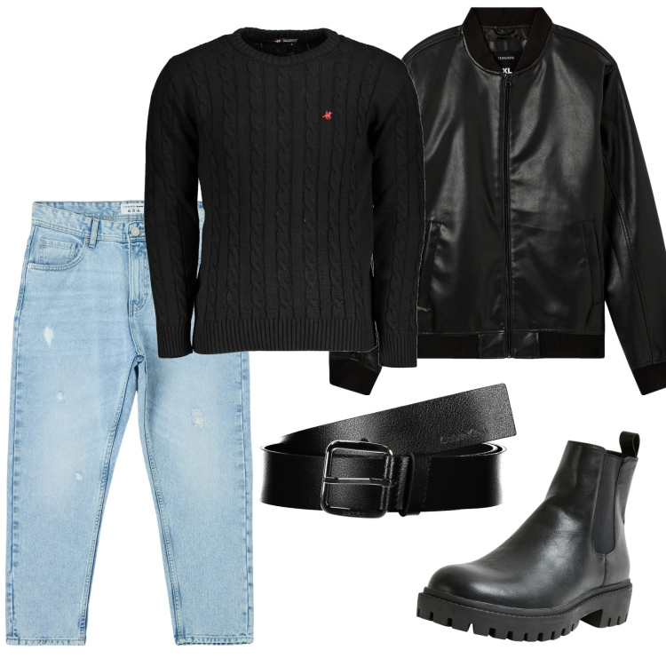 Outfit uomo - Chiaroscuri. Stile Casual per Tutti i giorni. Abbinamento con jeans strappati, bomber, stivali e stivaletti, maglieria, cinture.