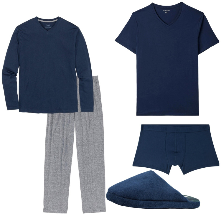 Outfit uomo - Sabato sera sul divano. Stile Casual per Tutti i giorni. Abbinamento con abbigliamento da notte, pantofole, t-shirt, boxer.