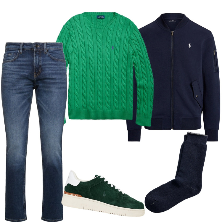 Outfit uomo - Verde e blu. Stile Casual per Tutti i giorni. Abbinamento con calzini, bomber, maglieria, sneakers, jeans.
