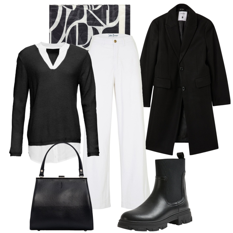 Outfit donna - Città black & white. Stile Trendy per Tutti i giorni. Abbinamento con jeans, maglieria, cappotti, stivaletti chelsea, clutch, foulard.