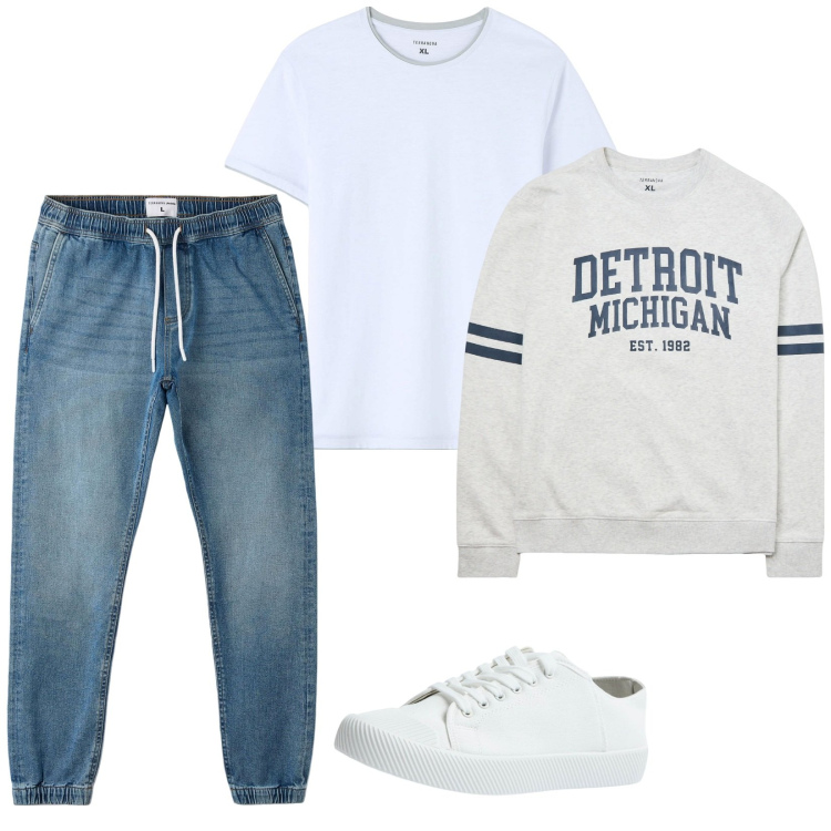 Outfit uomo - Moda giovane da Terranova. Stile Casual per Tutti i giorni. Abbinamento con felpe, jeans, sneakers, t-shirt.