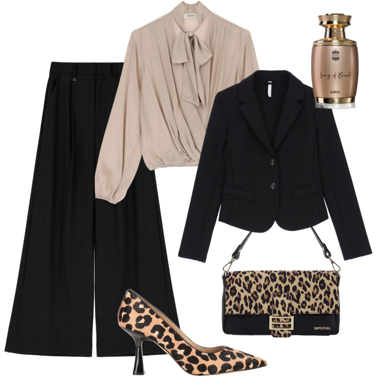 Outfit donna - A cena: tocco animalier in tendenza. Stile Chic per Serata fuori. Abbinamento con décolleté, profumi, borse a spalla, blazer, camicie, pantaloni.