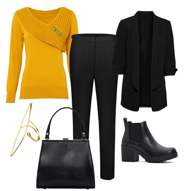 Outfit donna - Total black con il maglione ocra. Stile Minimal per Tutti i giorni. Abbinamento con stivaletti chelsea, maglieria, blazer, pantaloni, clutch, anelli.