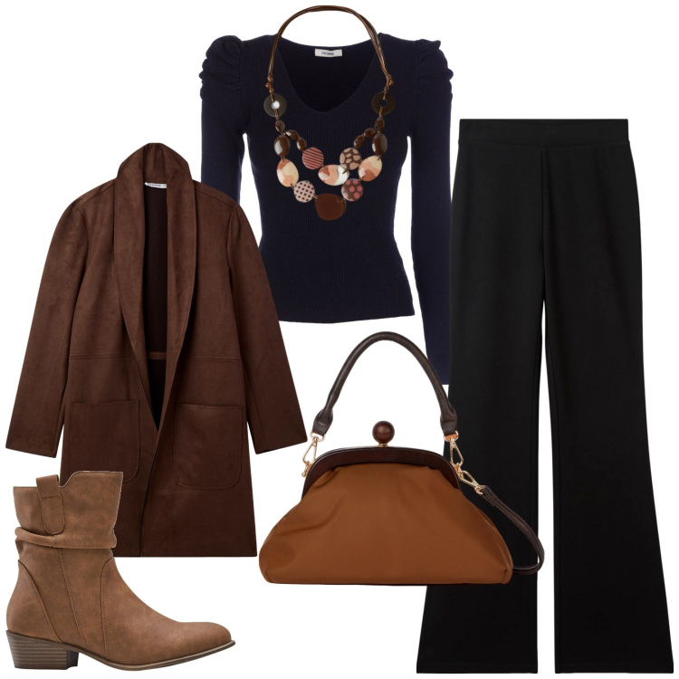 Outfit donna - Tra amiche. Stile Casual per Serata fuori. Abbinamento con stivaletti texani, pantaloni, trench, maglieria, clutch, collane.
