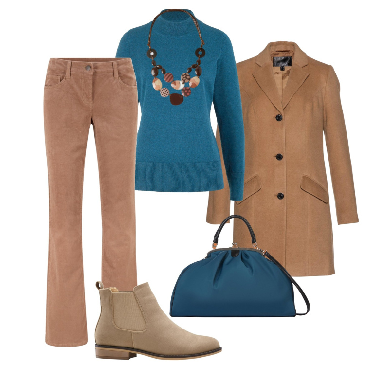 Outfit donna - Cammello e petrolio. Stile Basic per Tutti i giorni. Abbinamento con pantaloni, maglieria, stivaletti chelsea, cappotti, collane, borse a spalla.