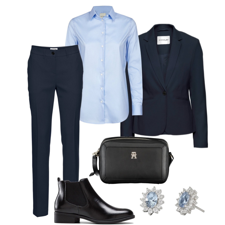 Outfit donna - Eleganza classica per l’ufficio. Stile Minimal per Ufficio. Abbinamento con blazer, pantaloni, stivaletti chelsea, orecchini, camicie, borse a tracolla.