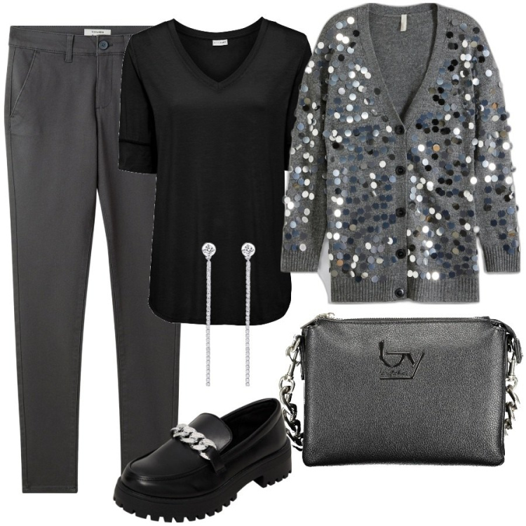 Outfit donna - Shine with a cardigan. Stile Casual chic per Ufficio. Abbinamento con cardigans, t-shirt, pantaloni chino, mocassini, orecchini, borse a spalla.