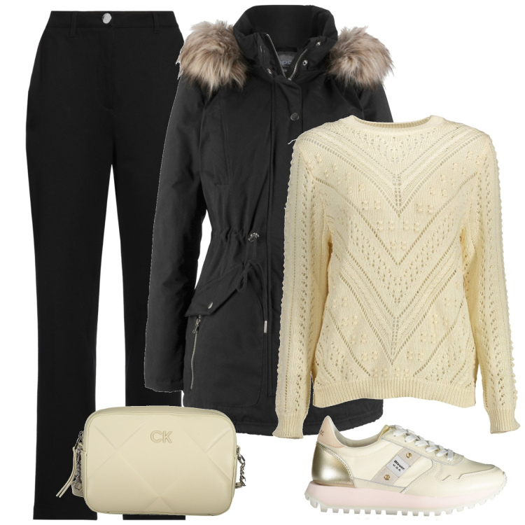 Outfit donna - Total look #1979767. Stile Casual per Tutti i giorni. Abbinamento con parka, pantaloni, maglieria, sneakers, borse a tracolla.