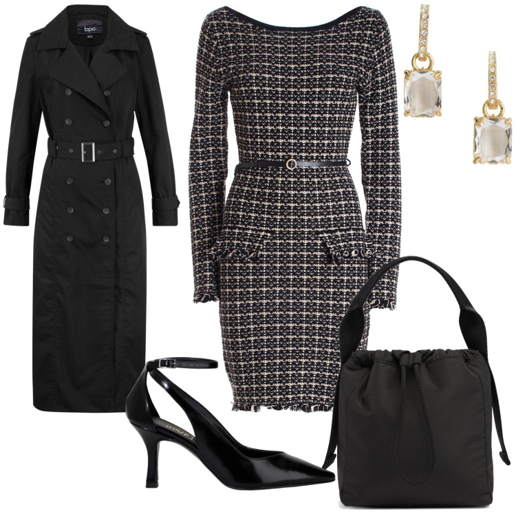 Outfit donna - Serata chic choc. Stile Glamour per Serata fuori. Abbinamento con trench, vestiti, orecchini, décolleté, borse a mano.