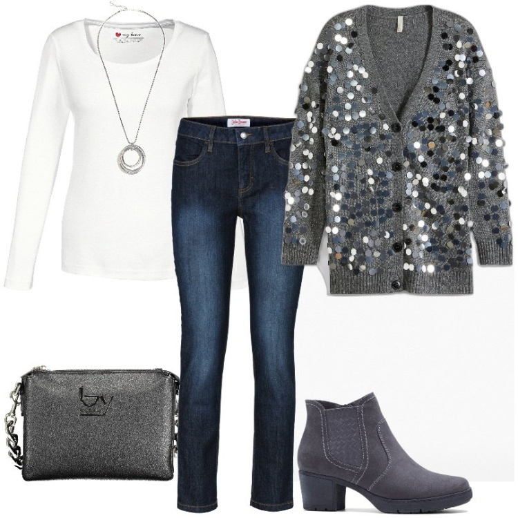 Outfit donna - Cardigan con paillettes. Stile Casual per Tutti i giorni. Abbinamento con jeans slim fit, maglieria, stivaletti, cardigans, collane, borse a spalla.