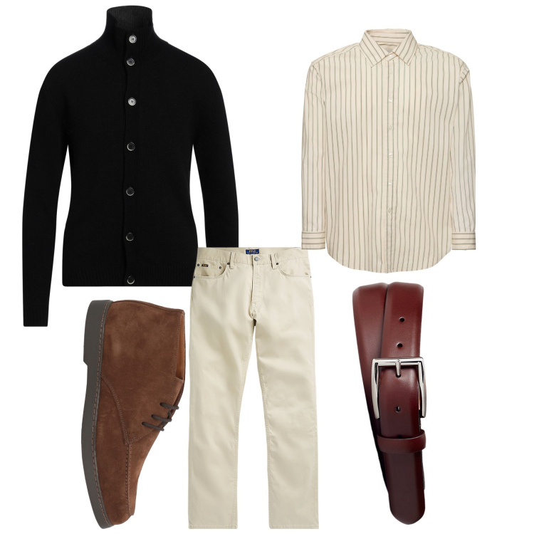 Outfit uomo - Il cardigan. Stile Business/Elegante per Ufficio. Abbinamento con stivali e stivaletti, cardigans, cinture, pantaloni, camicie.