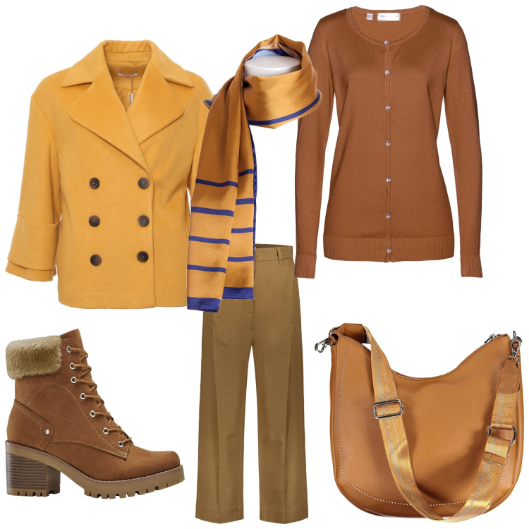 Outfit donna - Autunno. Stile Casual chic per Ufficio. Abbinamento con stivaletti, cardigans, cappotti, foulard, borse a spalla, pantaloni.