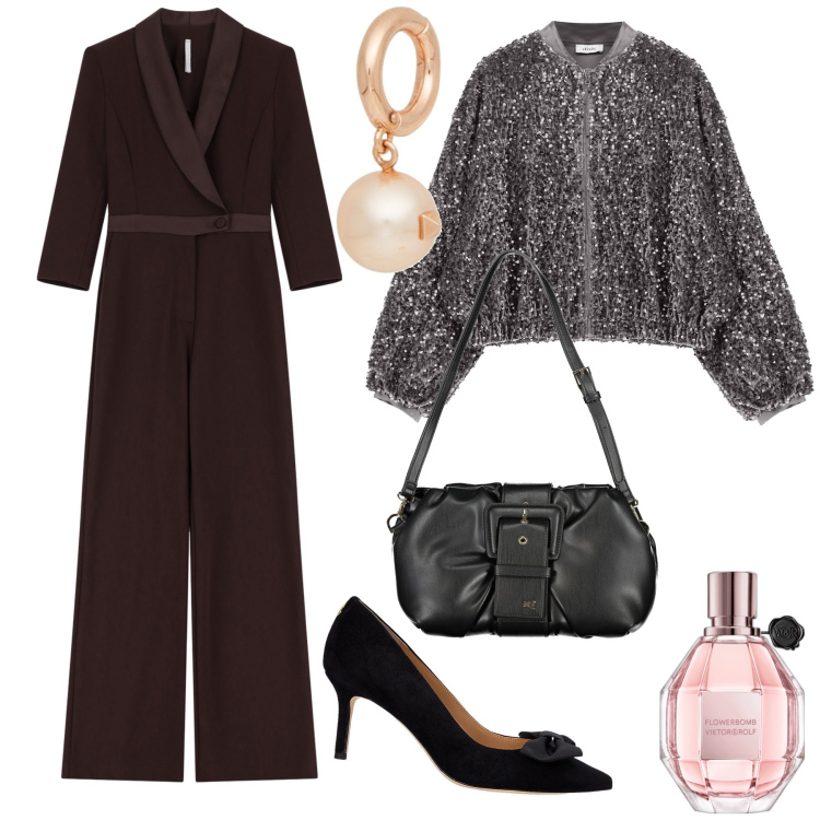 Outfit donna - Ad una inaugurazione. Stile Chic per Serata fuori. Abbinamento con orecchini, profumi, tute, décolleté, bomber, borse a mano.