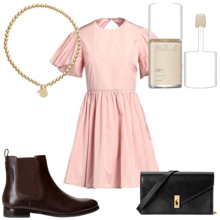 Outfit donna - Total look #1979800. Stile Trendy per Tutti i giorni. Abbinamento con vestiti corti, fondotinta, collane, clutch, stivaletti chelsea.